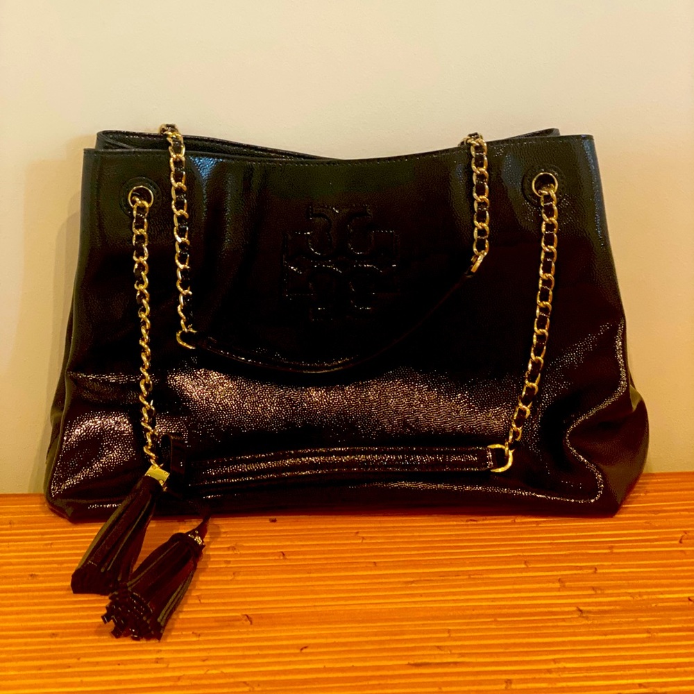 Tory Burch Gold Chain Slouchy Black Leather Tote